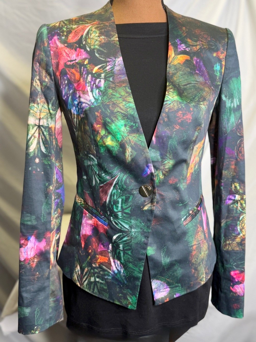 TED BAKER Women’s Working Title Cotton Black Floral Botanical Blazer; SZ 1/ US 4